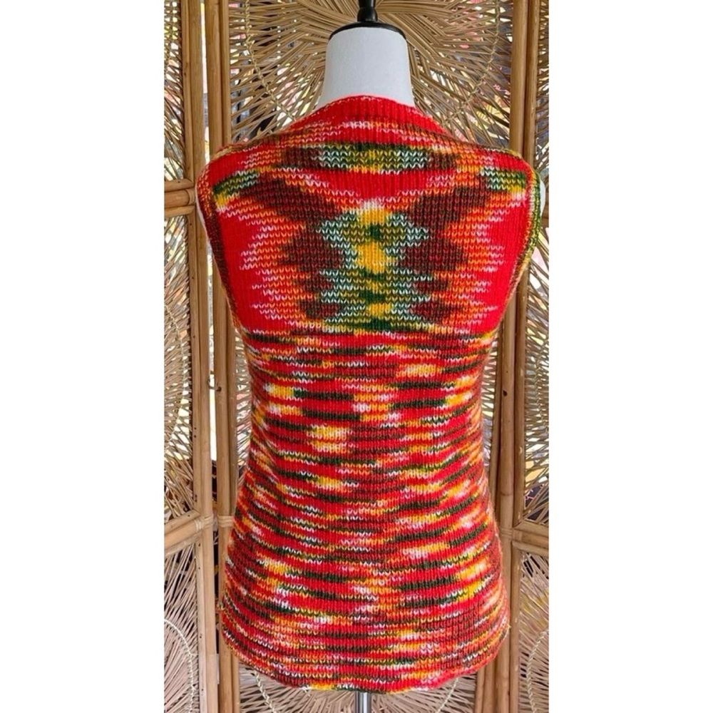 Vintage Handmade Retro 70s Red Green Yellow Knit Sleeveless Sweater Vest - Picture 3 of 5